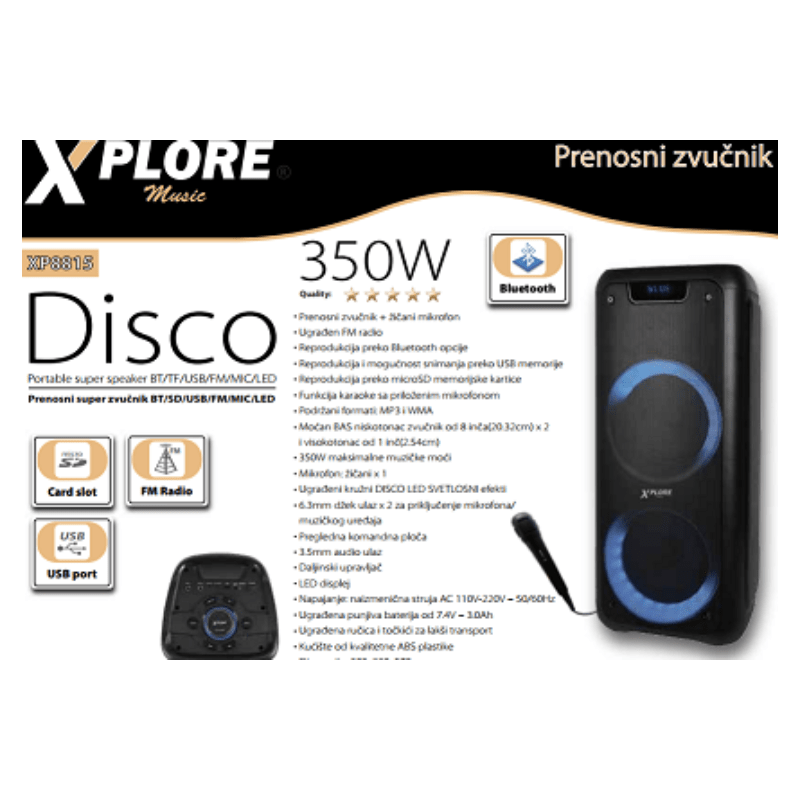 Xplore XP8815 Karaoke sistem Disco FM/microSD/mp3/wma/USB/BT/AUX/2xMIC/350W - Slika 2